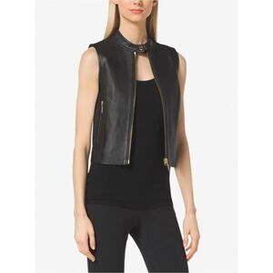 New! MICHAEL KORS Women's Biker Leather Vest Zip-front Color Black Size Large